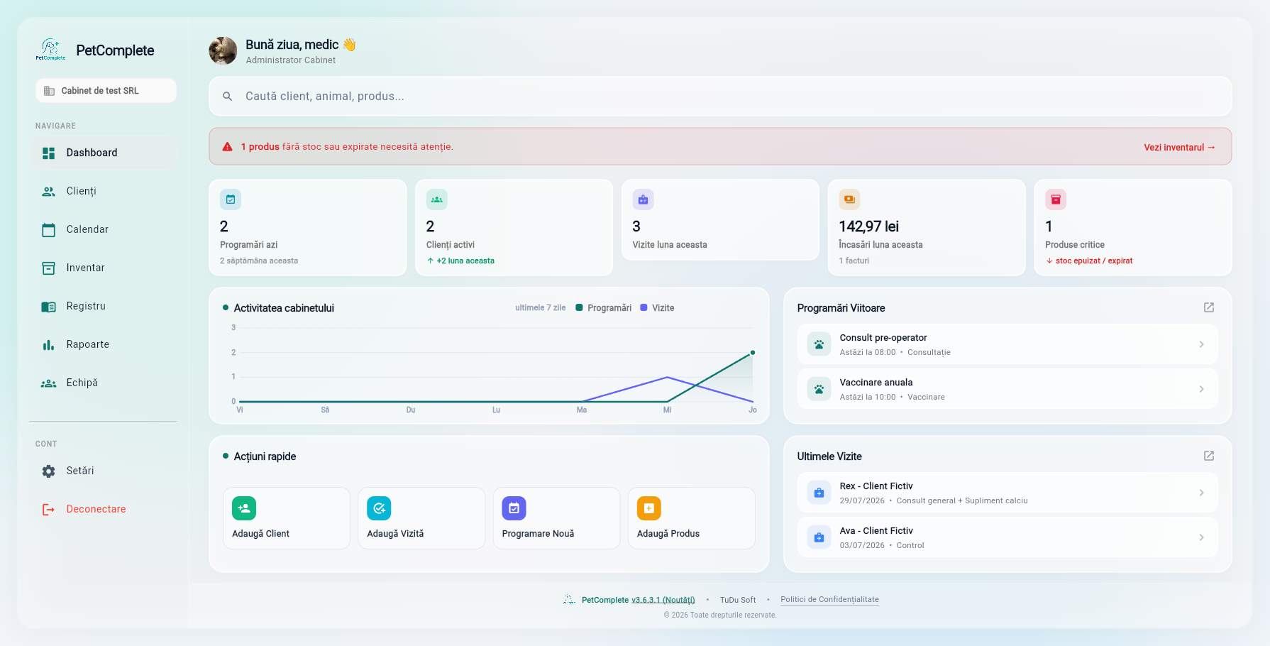 Interfața PetComplete Dashboard