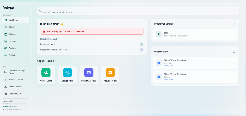 Interfața PetComplete Dashboard